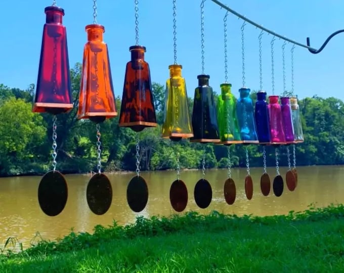 Hand Cut Glass Wind Chime: Bright Pyramid Bottle, Copper Accent, Unique Garden Decor