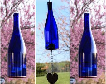 Cobalt Blue Wine Bottle Wind Chime and Lantern Set - Glass Wine Bottle Candle Holder - Gift Idea - Patio Decor - Garden Gift - Deck Lighting