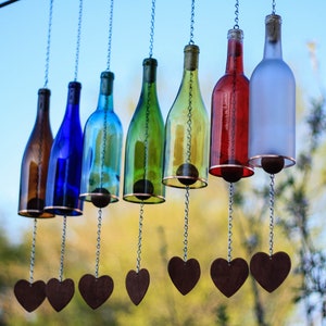 Wind Chimes Made From Glass Wine Bottles with Copper Trim Outdoor Garden Patio Wine Gift Home Décor Gift for Mom or Girlfriend