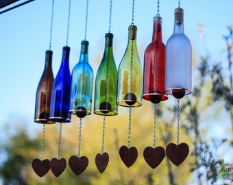 Wind Chimes Made From Glass Wine Bottles with Copper Trim Outdoor Garden Patio Wine Gift Home Décor Gift for Mom or Girlfriend