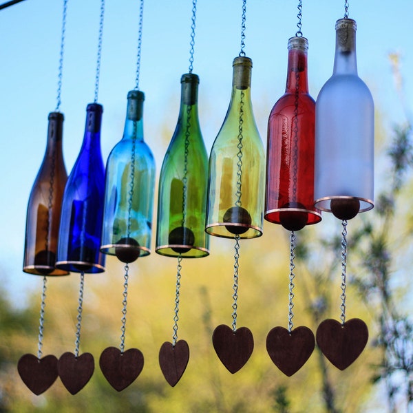 Wine Bottle Wind Chime with Copper Trim: Outdoor Garden Decor