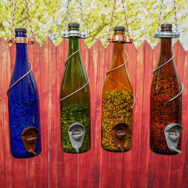 Bird Feeders for the Outdoors, Wild Birdfeeder, Wine Bottle Decor, Upcycled Decor, Garden Decor, Gift for Mom, Wine Bottle Gift Ideas