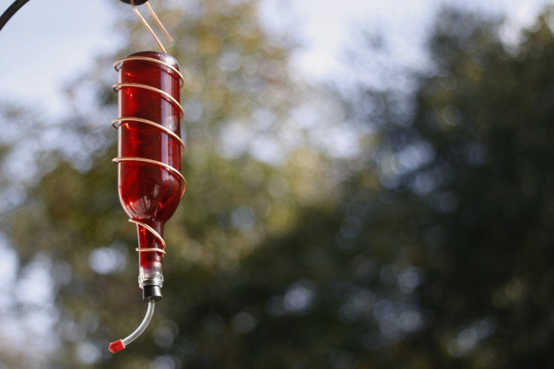 Red Hummingbird Feeder Made From Red Wine Bottle And Copper Etsy