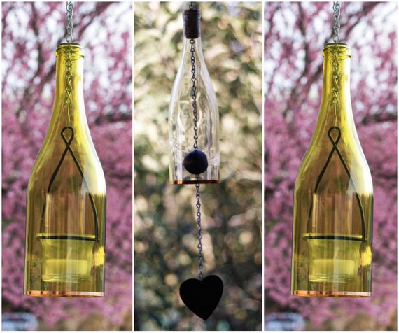Blue Wine Bottle Wind Chime Green Lantern Set Glass Hanging Votive