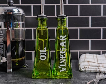 Lime Green Oil and Vinegar Dispensers for Home Kitchen 6 ounce Glass Bottles Stainless Steel Pour Spout Colorful Pyramid Shaped Cruets