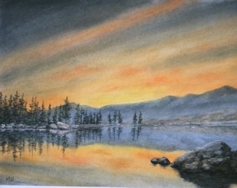 Original Landscape Pastel Drawing Artwork - Sunset on a Lake Nature Art