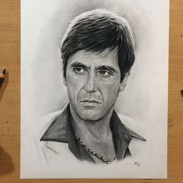 Tony Montana Original Artwork Charcoal Pencil Drawing Art - Al Pacino Portrait in Scarface