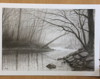 Bare Tree Branches Over the River Charcoal Drawing Original Artwork Landscape Art