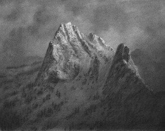 Mountain Peaks Original Charcoal Pencil Drawing Artwork - Landscape Art