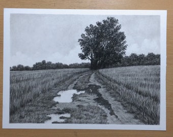 Muddy Countryside Road Charcoal Drawing Original Artwork