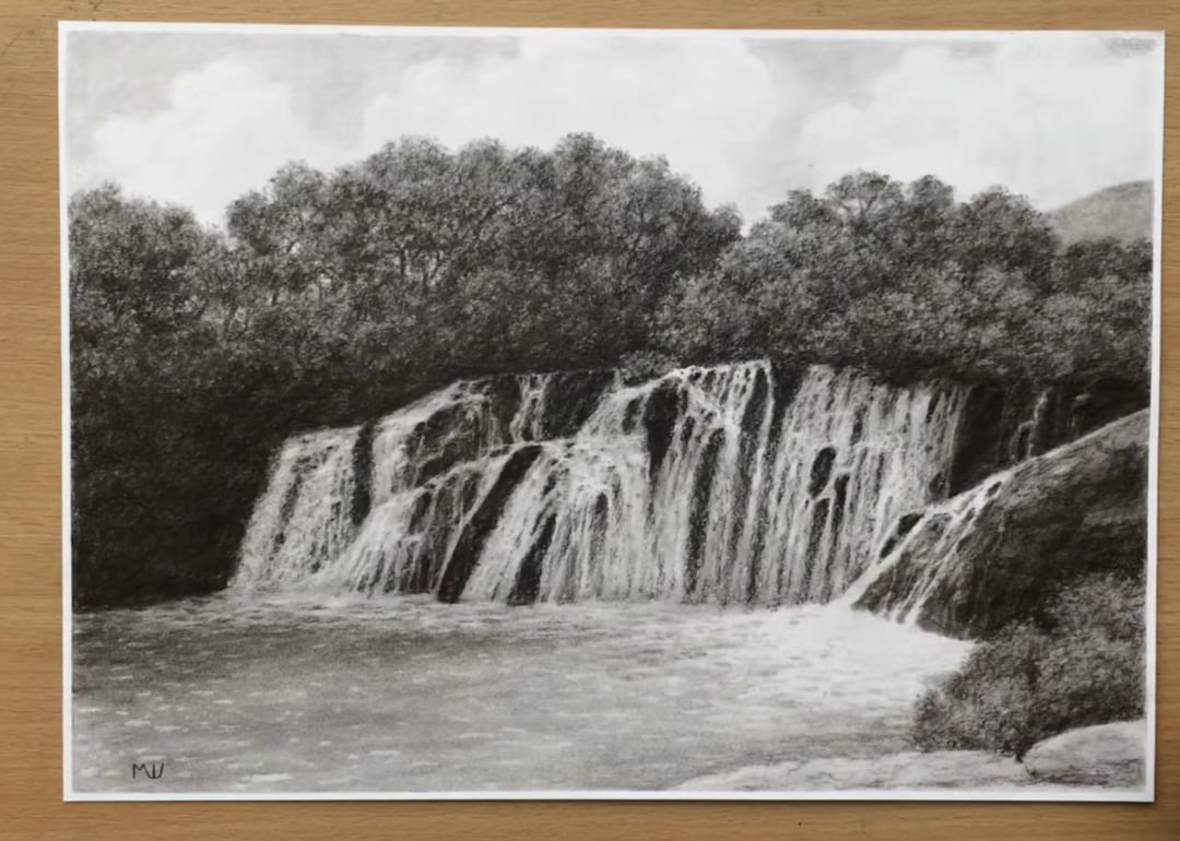 Waterfall Charcoal Drawing Original Artwork Landscape Art - Etsy