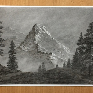 Mountain Peak Charcoal Drawing Original Artwork Landscape Art