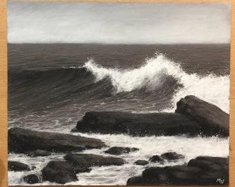 Crashing Waves Charcoal Drawing Original Artwork Landscape Art Seascape