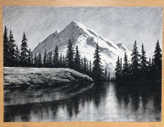 川の反射 木炭画 オリジナルアートワーク 風景画 - Etsy 日本