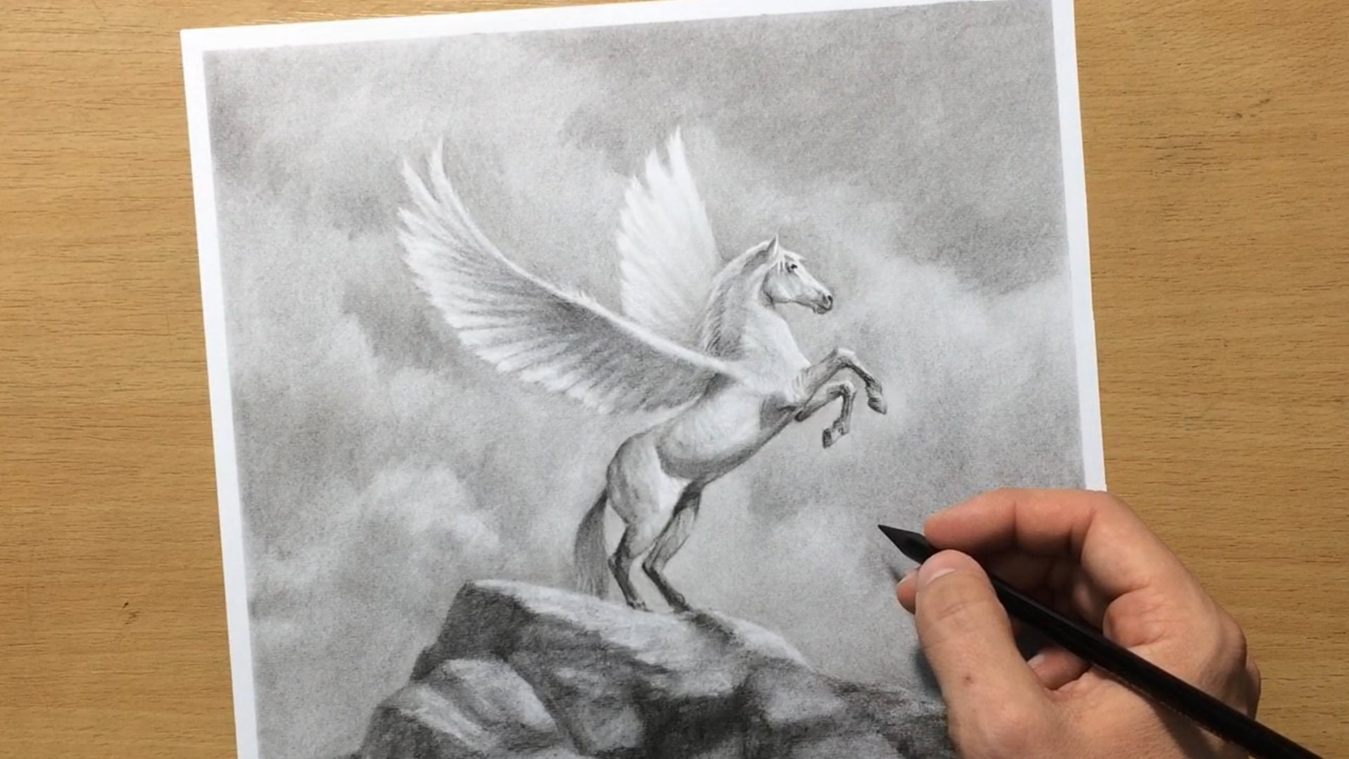 跳ねるペガサスのオリジナル木炭アートワーク - 翼のある馬