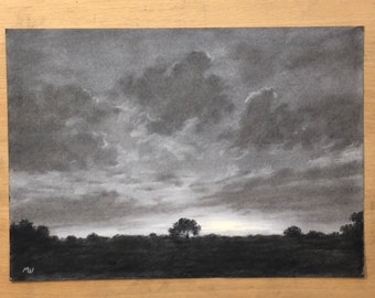 Cloudy Sunset Charcoal Drawing Original Artwork Landscape Art