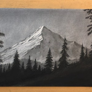 Snowy Mountain Peak Charcoal Drawing Original Artwork Landscape Art