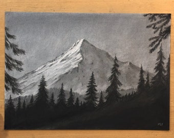 Snowy Mountain Peak Charcoal Drawing Original Artwork Landscape Art