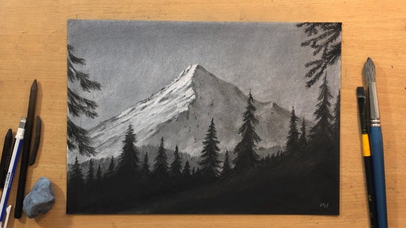 雪山の頂上の木炭画 オリジナルアートワーク 風景画 - Etsy 日本