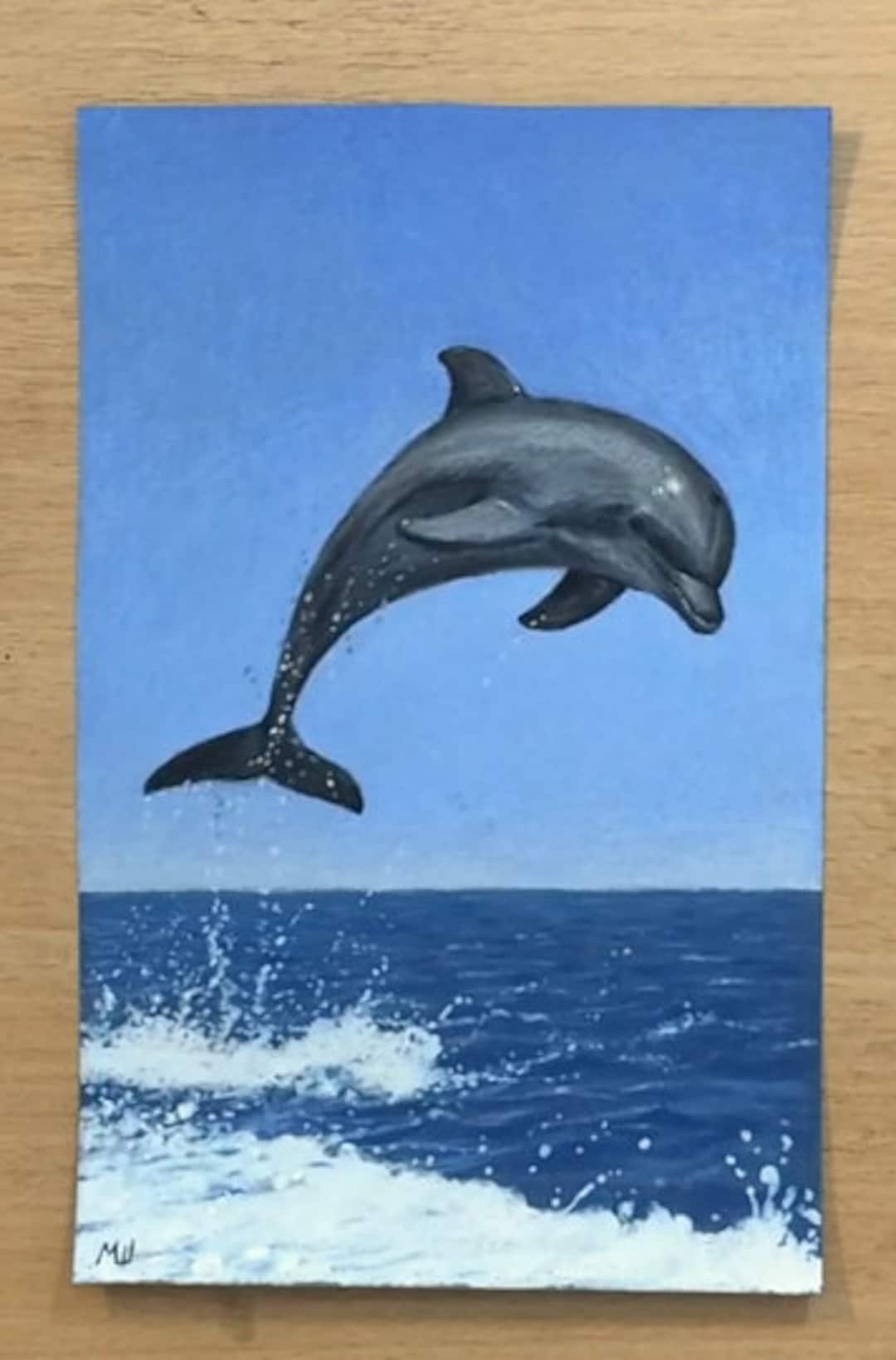 ジャンプするイルカのオリジナルイラスト 色鉛筆アート - 動物