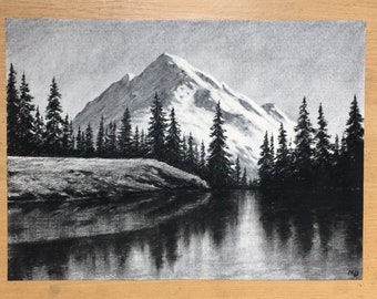 Reflections in the River Charcoal Drawing Original Artwork Landscape Art