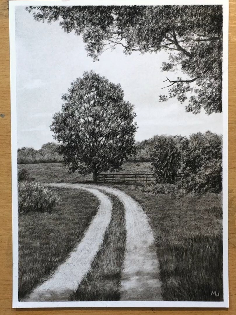 田舎道の風景画 木炭画 オリジナル作品 - Etsy 日本