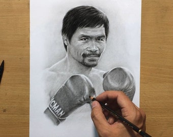 Manny Pacquiao Original Charcoal Drawing - Pencil Portrait Art - Boxing Artwork