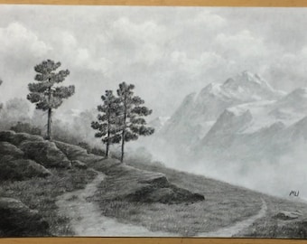 Distant Mountains Charcoal Drawing Original Artwork Landscape Art