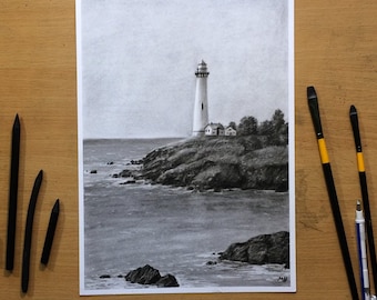 Charcoal Drawing of a Lighthouse - Original Artwork