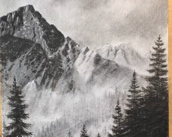 霧の中の木々 木炭画 風景画 オリジナル作品 - Etsy 日本
