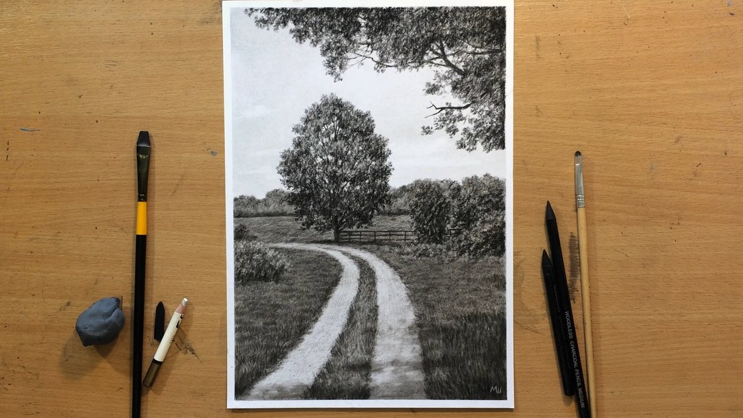 田舎道の風景画 木炭画 オリジナル作品 - Etsy 日本