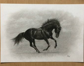 Black Horse Original Charcoal Drawing Artwork - Galloping Horse Equine Art