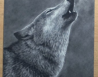 Howling Wolf Original Charcoal Artwork - Wildlife Animals Realistic Drawing