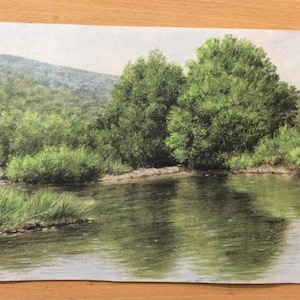 Könnte beinhalten: Ein Aquarellgemälde einer ruhigen Flusslandschaft. Üppige grüne Bäume und Blätter säumen das Ufer, mit einem Berg im Hintergrund. Das Wasser spiegelt die Bäume und den Himmel wider und schafft eine friedliche Landschaft.