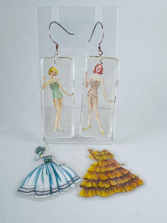 Vintage Paper Doll Resin Earrings, Magnetic: "Prom Time" (Base earrings/base outfits)