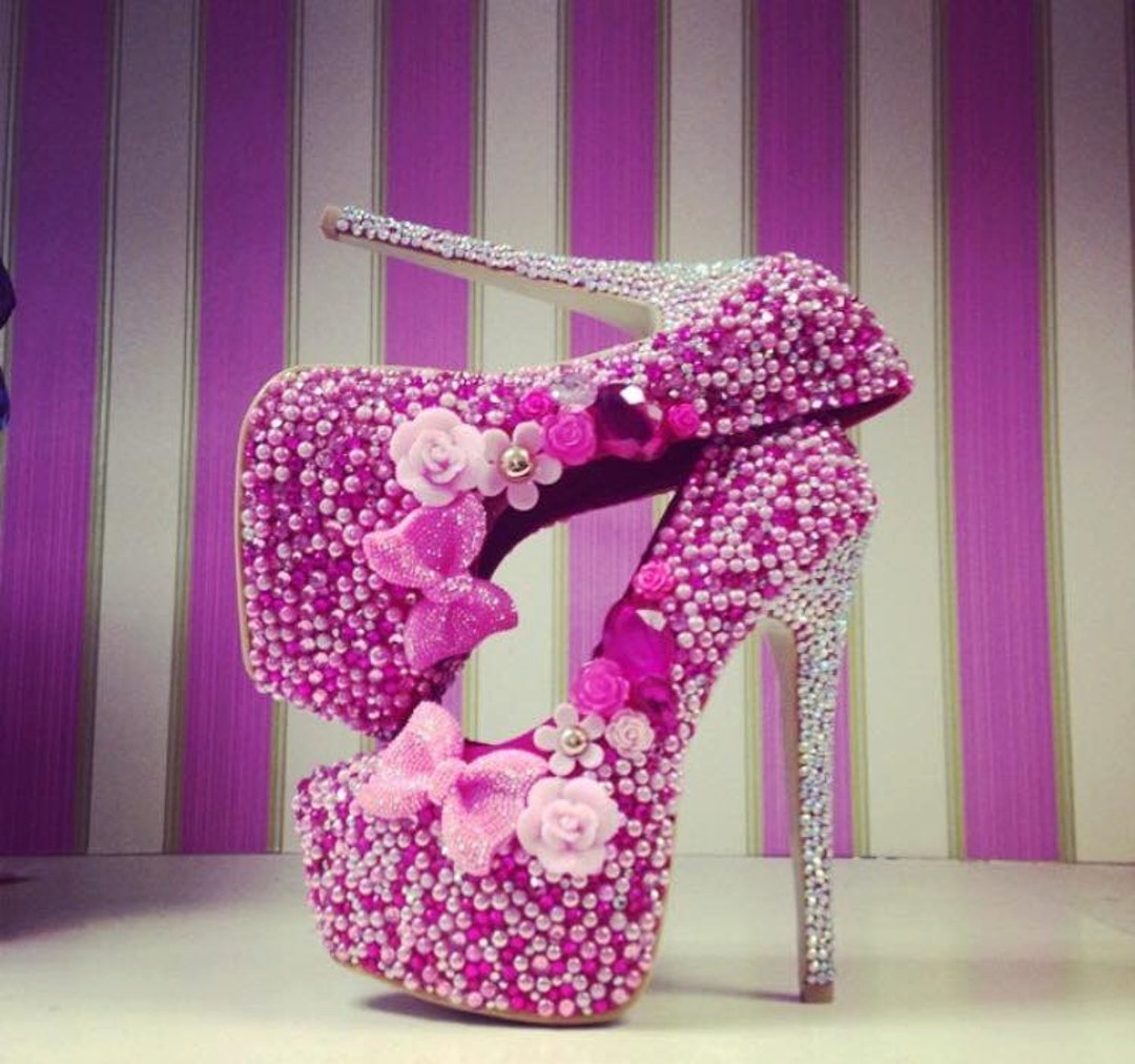 Customised Handmade Diamante Crystal Pearl Bling Heels/shoes 'pretty in  Pink'
