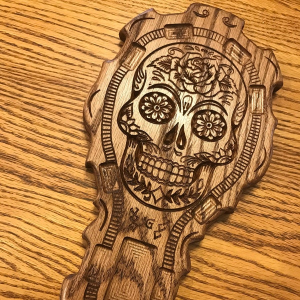 IG25C - Sugar Skull Mexican Train Hub - extensive carvings in Oak - Can Be personalized!  / Domino Game HUB / Tile Game / Dominoes / Game