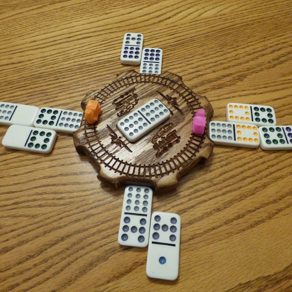 IG18O - Mexican Train Hub with locomotives and tracks carved in Solid Oak  / Domino Game HUB / Tile Game / Dominoes / Game / Hardwood