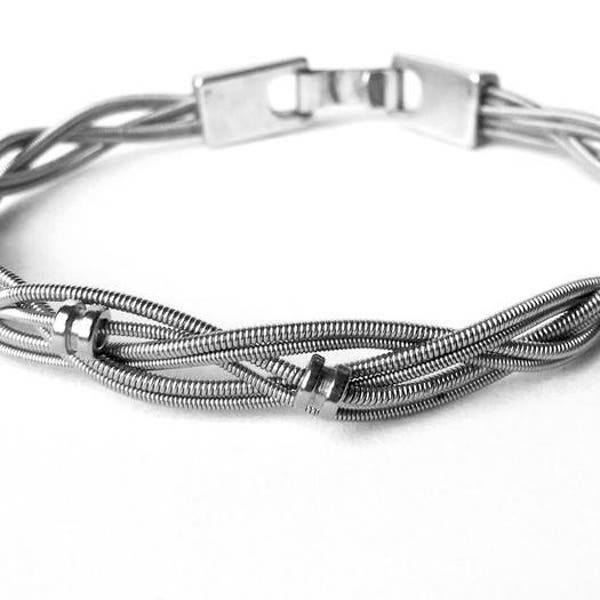 Guitar String Bracelet , Silver Bangle Bracelet , Mixed Metal Jewelry , Braided , Music Bracelet , Zamak , Personalized Bracelet , Gift