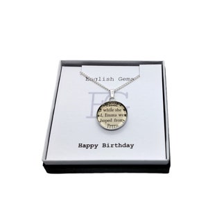 Emma Pendant Necklace with Book Piece Choice of Sizes/Metals Quotes/Sayings on Insert in Gift Box Jane Austen Literary Jewellery for Him/Her