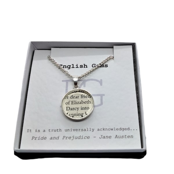 Pride and Prejudice Necklace Elizabeth and Darcy Book Piece Jane Austen Jewelry Choice of Metals/Styles Quotes/Wishes on Insert in Gift Box