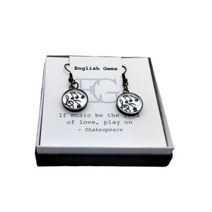 Music Note Earrings, Choice of: Hoop or Drop Earrings / Music Styles / Metals, plus Choice of Quote/Sentiment on Insert in Gift Box