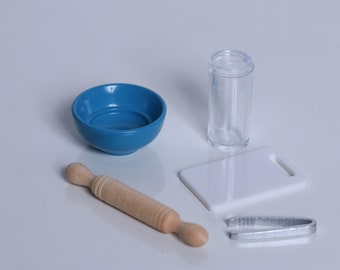 Suministros para hornear a escala 1:12, cuenco, cuchara medidora, rodillo, casa de muñecas, miniaturas
