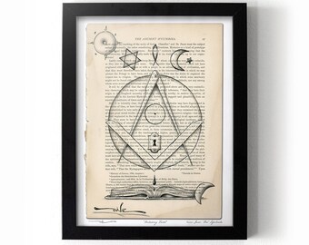 May include: A black and white illustration of a Masonic symbol, a compass and square, superimposed on an open book with the text "This Ancient Mysteries." The image is framed in black.