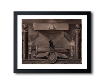 May include: A black and white painting of a person sitting on a throne in a dark room. The throne is decorated with a compass and a G. The room is lit by candles and has two pillars on either side.