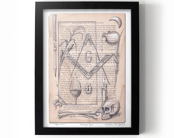 May include: A black and white illustration of a Masonic symbol with various objects surrounding it, including a skull, bones, a quill pen, a candle, a wine glass, and a key. The image is printed on an aged, yellowed page with text that reads "The Antiquities of Freemasonry".