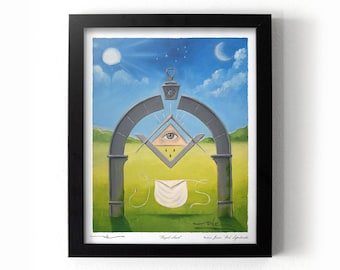 May include: Framed artwork featuring a surreal landscape with a blue sky, a crescent moon, and a sun. The artwork includes an archway, an eye within a triangle, and a white apron. The title "Royal Arch" is at the bottom.