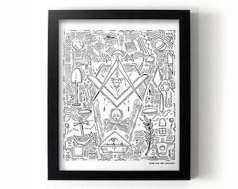 May include: Black and white line art print of a complex design featuring a skull and crossbones, a compass, an anchor, and other symbols. The print is framed in a black frame and includes the text "CLIMB AND THE UNKNOWN".