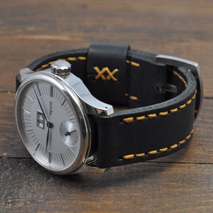 Bracelet de montre en cuir, bande authentique de montre en cuir, bande de montre faite main 16mm 18 mm 20mm 21mm 22mm 24mm 26mm Noir