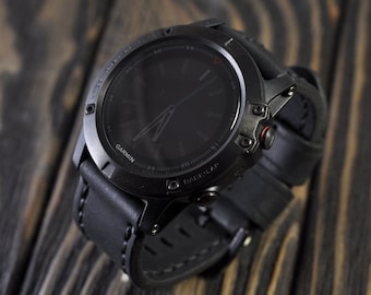 Leather Mens Handmade watch strap for the Garmin Fenix 5/5S/5X and Garmin Fenix 3 sports watches! Black